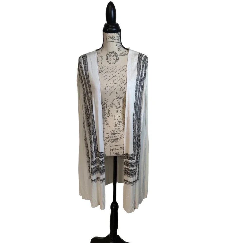 Gibson Latimer White Black Striped‎ Open Knit Cardigan Poncho Boho Size L